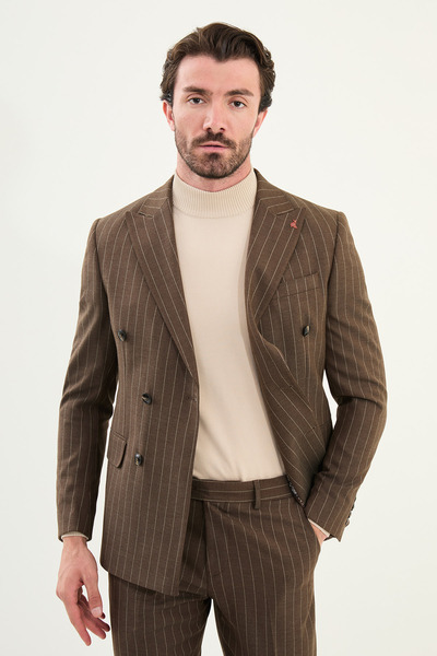 Mcr Çizgili Slim Fit Geniş Yaka Kruvaze Erkek Takım Elbise Kahve - 45409.25K
