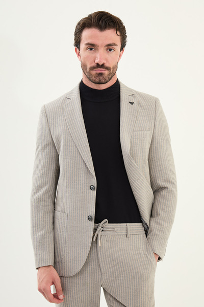 Mcr Striped Slim Fit Bag Pocket Mono Collar Men's Jacket Beige - 41460.25K