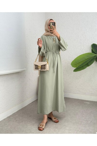 Modamorfo Linen Dress with Tie at the Waist and Zipper at the Back -Çağla Y.