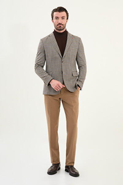 Mcr Houndstooth Pattern Slim Fit Mono Collar Wool Men's Jacket Beige - 41468.25K