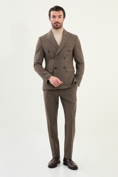 Mcr Striped Slim Fit Wide Collar Double Breasted Wool Men's Suit Coffee - 45416.25K