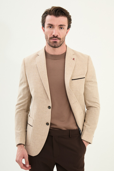 Mcr Plain Slim Fit Mono Collar Wool Men's Jacket with Pocket Detail Beige - 41464.25K