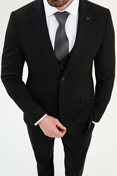 Mcr Straight Slim Fit Mono Collar Classic Wool Men's Suit Black - 45418.25K