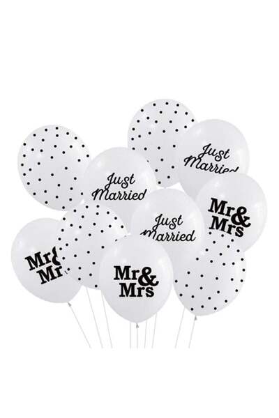 OEM White Wedding Party Balloons with Print 'Mr & Mrs, Just Married' & Polka Dots 30cm - 10pcs