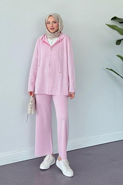 Şulemoda Giyim Eros Kapüşonlu Taşlı Takım Pembe