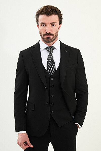 Mcr Straight Slim Fit Mono Collar Classic Wool Men's Suit Black - 45418.25K