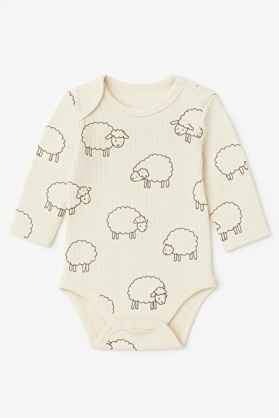 Nayinom Ekru Kuzucuk Desenli Uzun Kollu Pamuklu Kız Bebek Body