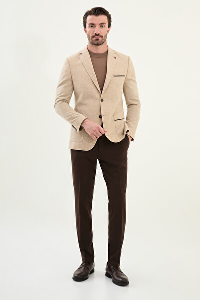 Mcr Plain Slim Fit Mono Collar Wool Men's Jacket with Pocket Detail Beige - 41464.25K