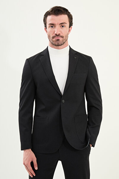 Mcr Striped Slim Fit Bag Pocket Mono Collar Drawstring Men's Suit Black - 45405.25K