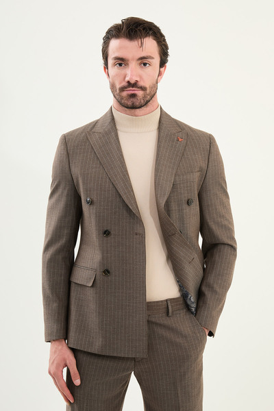 Mcr Striped Slim Fit Wide Collar Double Breasted Wool Men's Suit Coffee - 45416.25K