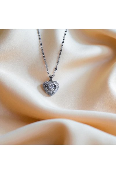 TAKVANOV Ribbon Stone Detailed Heart Necklace – 316L Stainless Steel