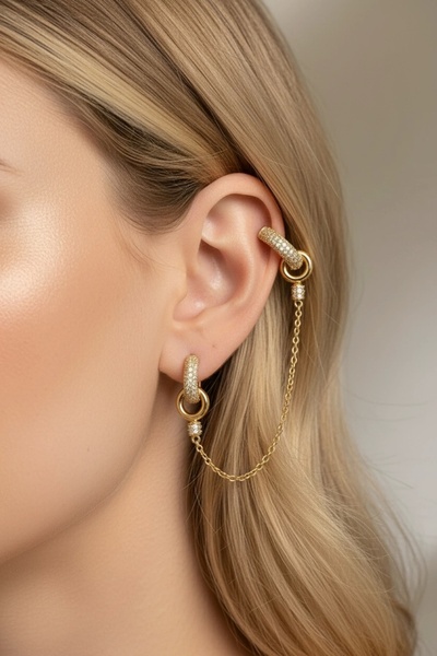 PRVT YSX Altın Kaplama Zirkon Halka Küpe – Zincir Detaylı Çiftli Model