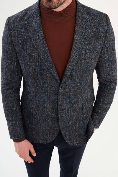 Mcr Plaid Slim Fit Mono Collar Wool Men's Jacket Navy Blue - 41473.25K