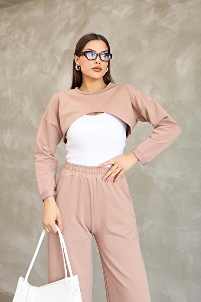 PONÇİK Long Sleeve Crop Bluzlu Bottom Top Set 3-Piece Tracksuit Set 25532