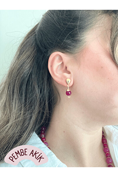 sadeart Pembe Faset Kesim Akik Kolye – Altın Kaplama Çengelli İğne Uçlu Yörüngeli Gezegen Figürlü - Küpeli