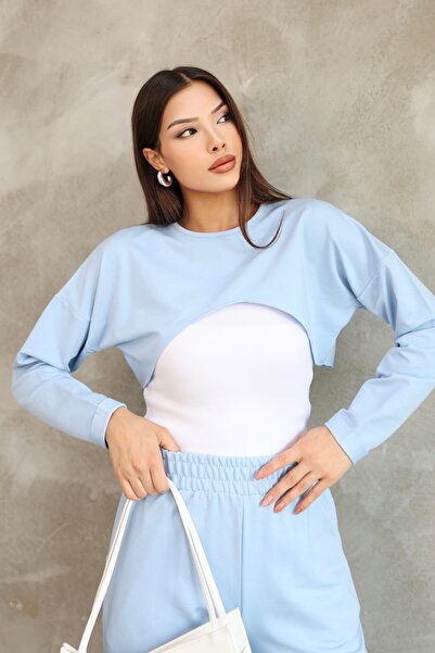 PONÇİK Long Sleeve Crop Bluzlu Bottom Top Set 3-Piece Tracksuit Set 25532