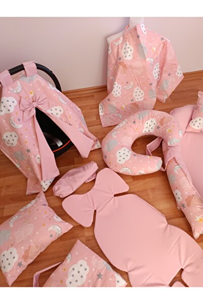 SARIYILDIZ BABYNEST Pembe Bulutlu Düz Pudra Oval Yataklı 10 Parça Babynest Seti