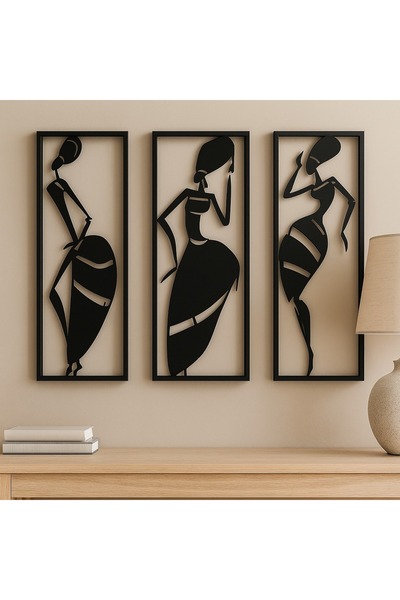 LUNOART Dekoratif 3’lü Metal Tablo | Afrika Kadın Figürleri ile Modern Tarz
