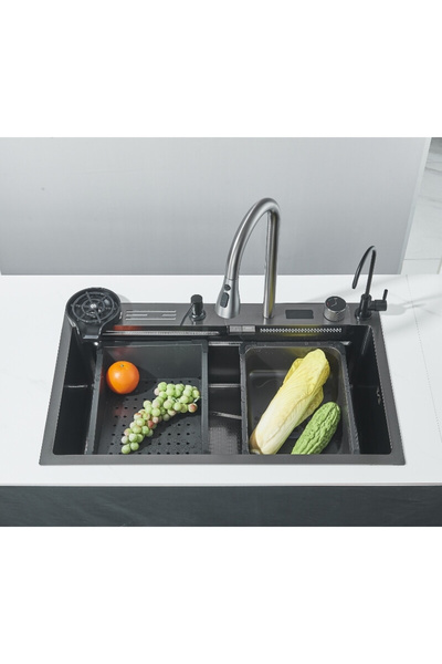 BisDesign Chiuvetă de bucătărie multifuncțională, accesorii incluse, material antiaderent, afișaj LCD, gri închis 75x46