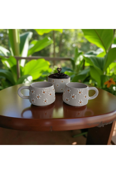 İlbay Çini Takı Ceramic Meadow Daisy Classic Mug and Ayşen Metal Lid Sugar Bowl