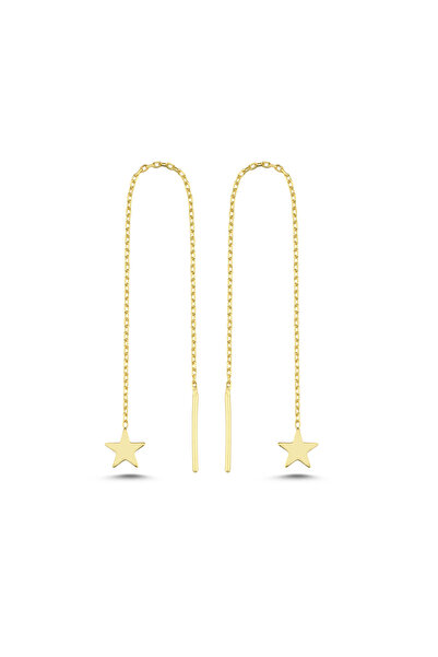 Nereze 925 Ayar Gümüş Gold Kaplama Minik Yıldız Zincir Küpe