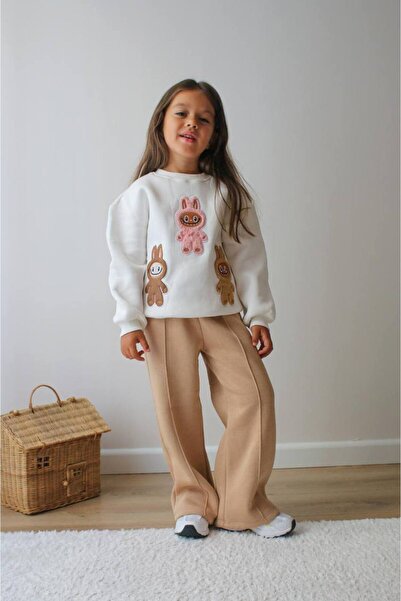ibeeka Girl's 3-Thread Ribbed Plush Print Detailed Sweatshirt - Tracksuit Top and Bottom Set