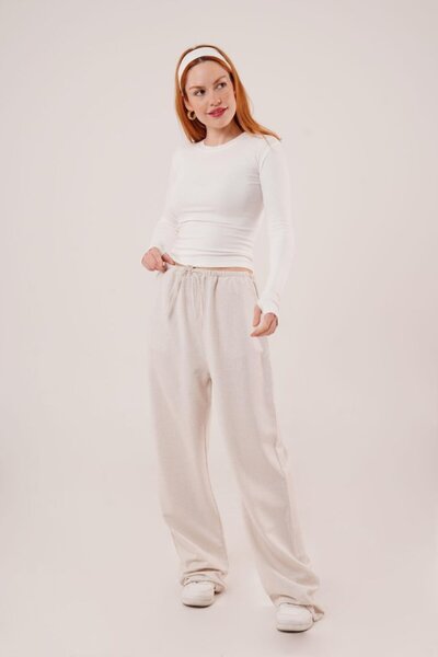 SGM BUTİK Linen Ecru Trousers with Pocket and Tie Detail