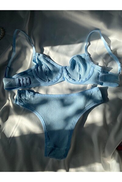 unbranded Loveé Pure Cotton Buz Mavisi Balenli Pamuklu Sütyen Takım