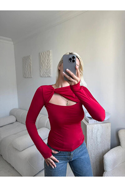 Zora Butik Göğüs Pencere Kruvaze Bluz - KIRMIZI
