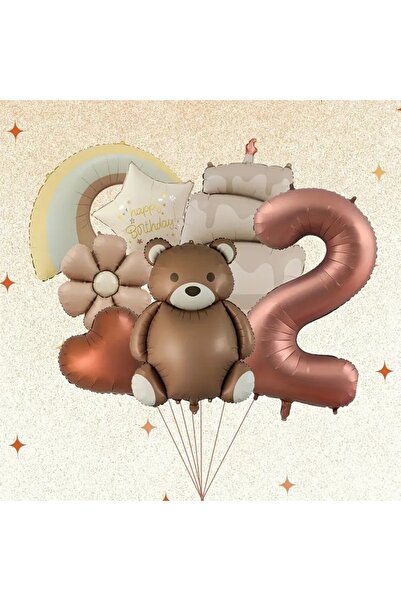 DÜVENCİ TİCARET Σετ μπαλονιών γενεθλίων 7 τεμαχίων Brown Bear Daisy Cake Rainbow