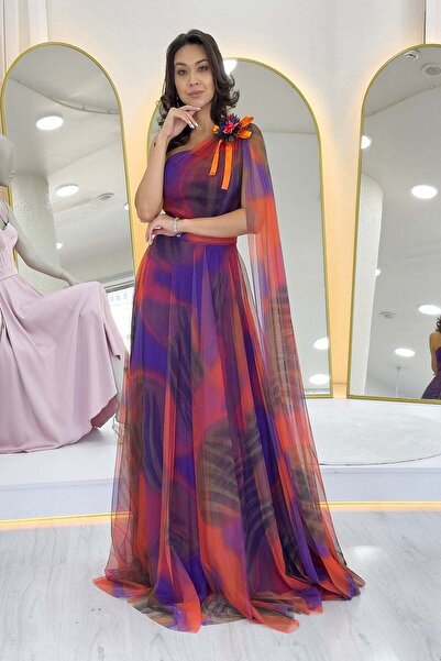 the ZKS Batik Patterned One Shoulder Tulle Detailed Evening Dress Purple, Orange, Green