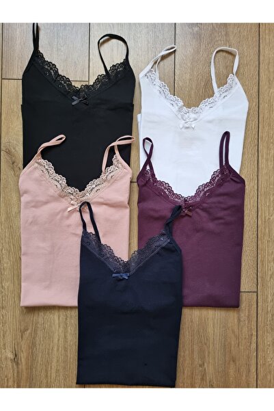 Demirsa Boutique Kadın 5'li Paket Dantelli Pamuklu İp Askılı Atlet Lacivert, Mor, Pudra, Siyah, Beyaz