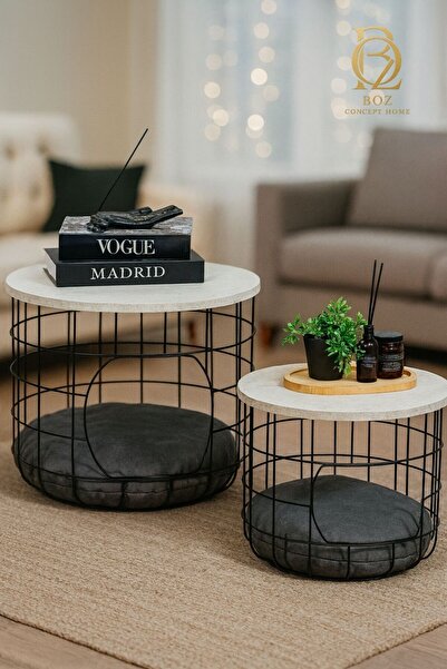 boz concept home İkili Minderli Kedi Yuvalığı Metal Zigon Sehpa Seti