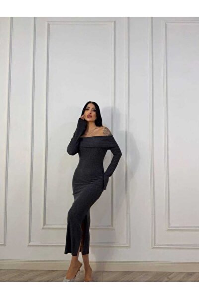 Kinzi Women's Anthracite Off-Shoulder Long Sleeve Knitwear Boat Neck Party and Casual Combination Dress