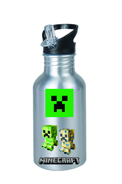 DKDZ SHOP Minecarfttt Baskılı Pipetli Gümüş Metal Suluk - 600ml