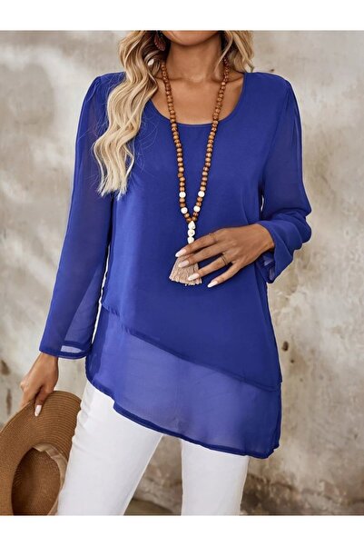 MODA Equri̇ Women's Long Sleeve Round Asymmetrical Detailed Chiffon Blouse