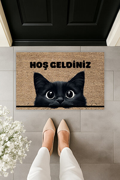Dormot Modern Dijital Baskı Kahverengi Zemin Siyah Kedi Kapı Önü Paspas 70x45cm