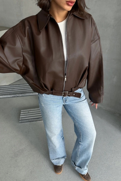 Jaglion Μπουφάν bomber oversize δερμάτινο με ζώνη, Acı Kahve PB.