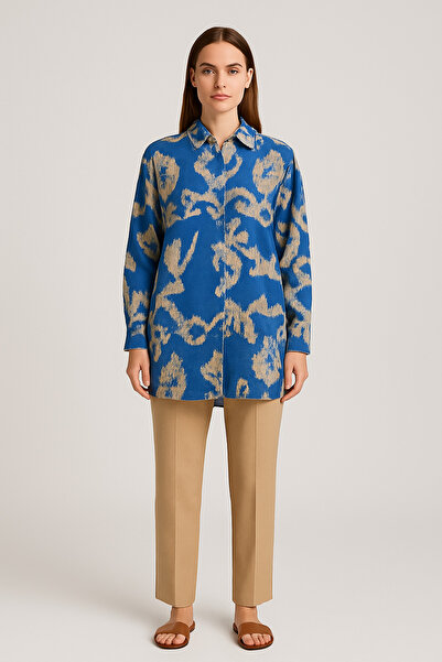 SheLoria Women's Blue Stone Patterned Midi Hijab Modal Shirt