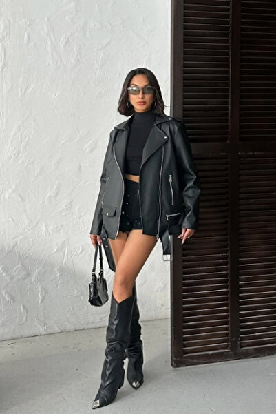 Jaglion Dámská černá kožená bunda Elvera ZR Oversize Long