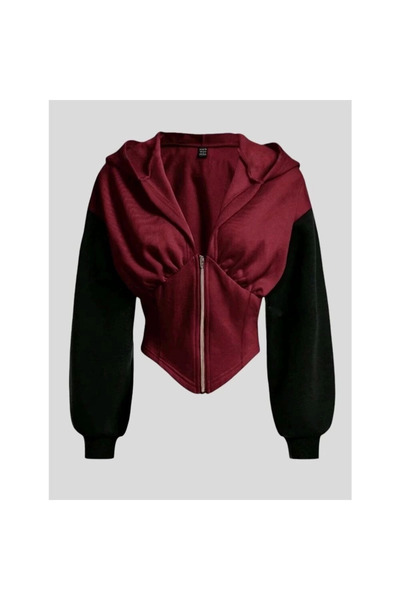 Violon Bordo Uzun Kollu Korse Kesim Fermuarlı Ceket