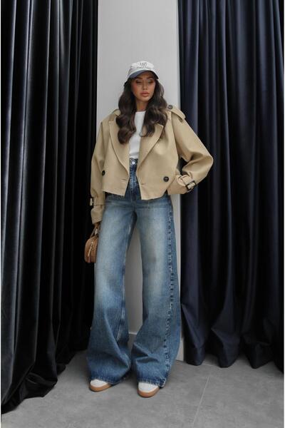 Havoş Bej Benken Kuşaklı Kısa Trençkot