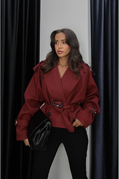 Havoş Bordo Benken Kuşaklı Kısa Trençkot