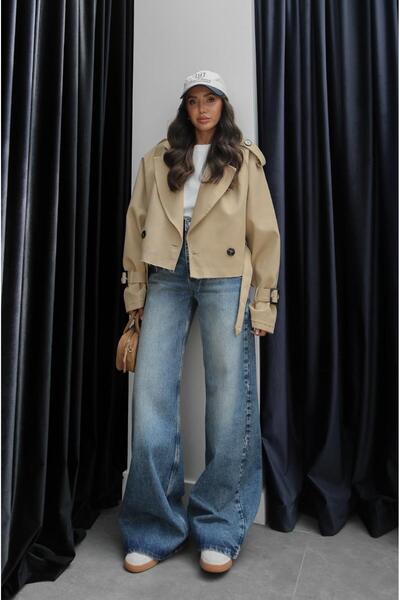 Havoş Bej Benken Kuşaklı Kısa Trençkot