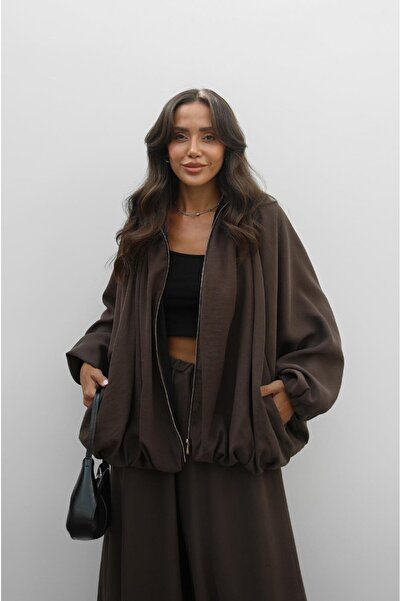 Havoş Hnědá bunda na zip s netopýřími rukávy