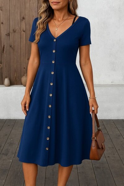 Giyimodam Women's Short Sleeve V Neck Front Button A-Line Woven Dress