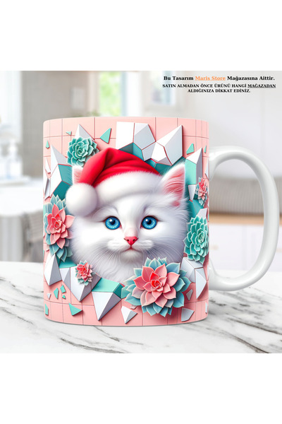 MARİS STORE White Kitten with New Year's Hat Printed 3D Effect Gift Mug