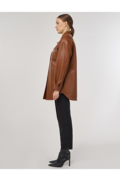 Kayra Faux Leather Jacket with Dangle Detail, Brown