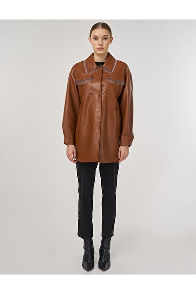 Kayra Faux Leather Jacket with Dangle Detail, Brown