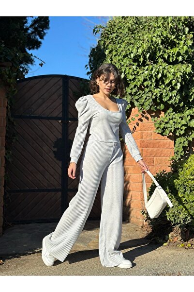 By Mop Ribbed princess arm top and bottom set gray